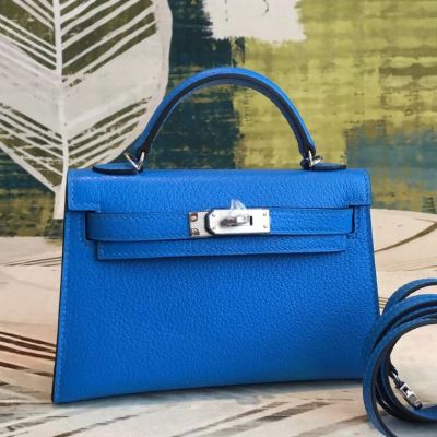 Hermes  Kelly Mini II Handmade Bag In Blue Chevre Leather