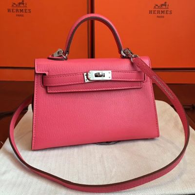 Hermes  Kelly Mini II Handmade Bag In Rose Lipstick Chevre Leather