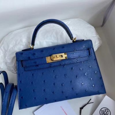 Hermes Kelly Mini II Handmade Bag In Blue Electric Ostrich Leather