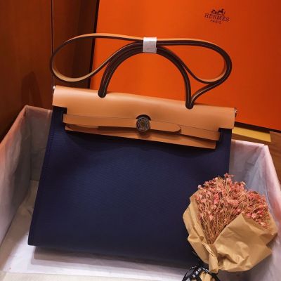 Hermes Herbag Zip 31cm Bag In Brown And Blue