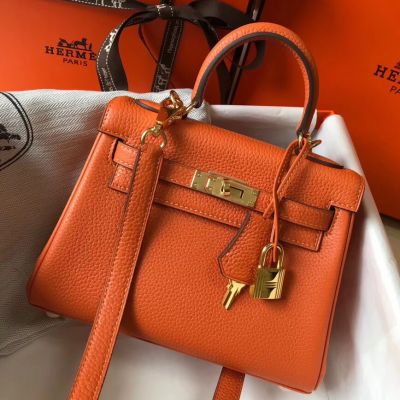 Replica Hermes Kelly 20cm Bag In Orange Clemence Leather GHW