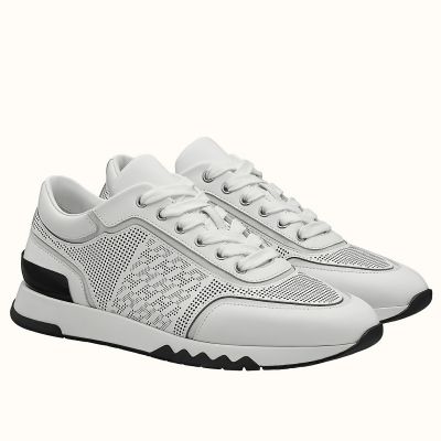 Hermes Men's C-Addict Sneakers In White Perforated Calfskin