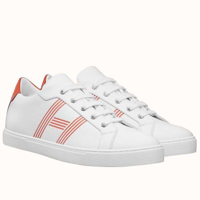 Hermes Men's Avantage Sneakers In White/Orange Calfskin