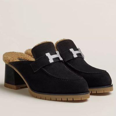 Hermes Flore 60 Mules in Black Suede with Shearling 