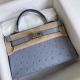 Hermes Kelly Mini II Handmade Bag In Blue Lin Ostrich Leather