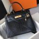Hermes Kelly 25cm Handmade Bag In Black Embossed Crocodile Leather