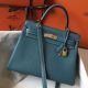 Hermes Kelly 28cm Bag In Blue Jean Clemence Leather GHW