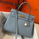 Hermes Kelly 28cm Bag In Blue Lin Clemence Leather GHW