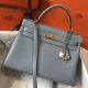 Hermes Kelly 32cm Bag In Blue Lin Clemence Leather GHW