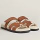 Hermes Women's Chypre Sandals in Tan Suede with Shearling
