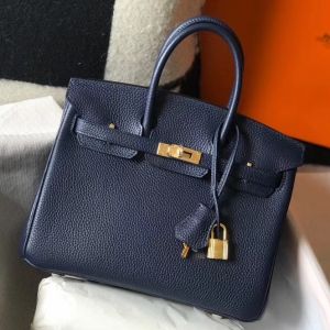 Hermes Birkin 25cm Bag In Navy Blue Clemence Leather GHW