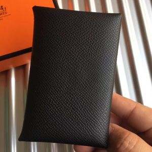 Hermes Calvi Card Holder In Black Epsom Leather