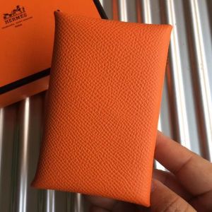 Hermes Calvi Card Holder In Orange Epsom Leather