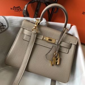 Hermes Kelly 20cm Bag In Grey Clemence Leather GHW 