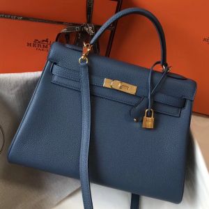 Hermes Kelly 32cm Bag In Blue Agate Clemence Leather GHW