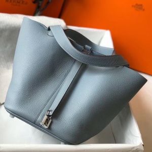 Hermes Picotin Lock 22 Bag In Blue Lin Clemence Leather