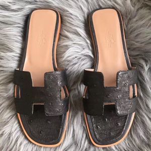 Hermes Oran Sandals In Black Ostrich Leather